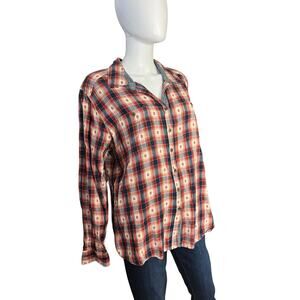 SUNDANCE Red Beige Plaid Embroidered Long Sleeve Button-Down Shirt XL